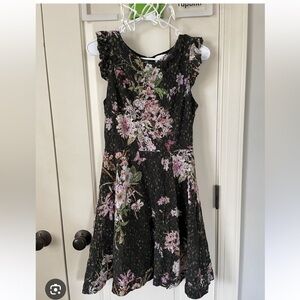 Anthropologie Eri +Ali Floral Print Lace Overlay Black Dress Size 6 Fit & Flare